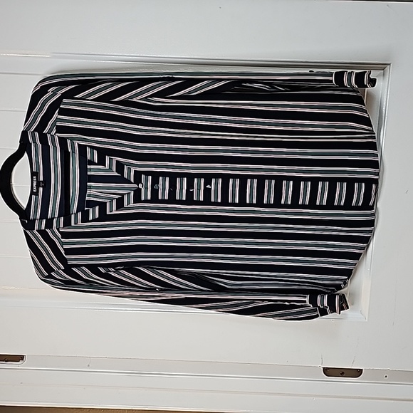 Express m navy blue/green/reddish pink striped long sleeve blouse - Picture 1 of 13